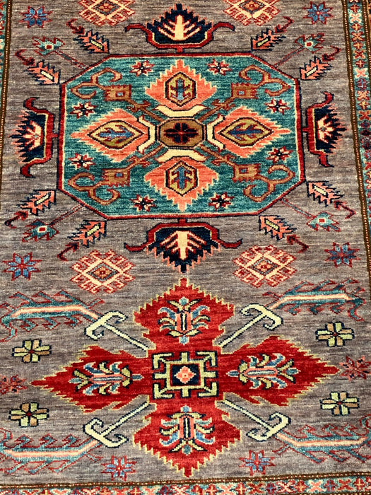 Hand-Knotted Vegetable Dye Kazak Rug from Pakistan, size 4" x 5' 6"