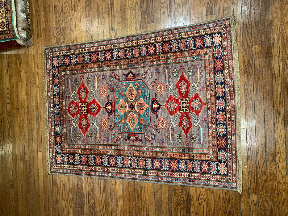 Hand-Knotted Vegetable Dye Kazak Rug from Pakistan, size 4" x 5' 6"