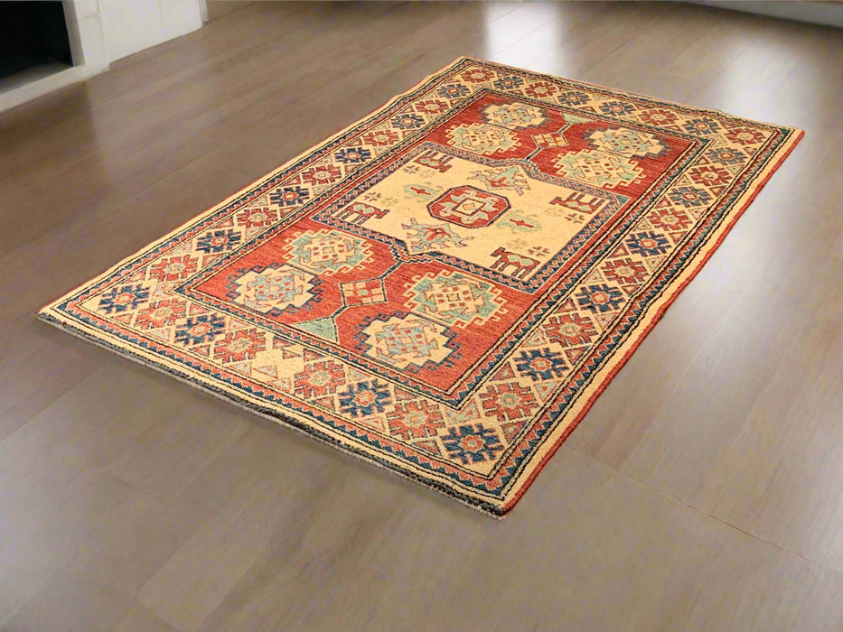 Hand-Knotted Vegetable Dye Kazak Rug from Pakistan, size 3' 8" x 5' 8"