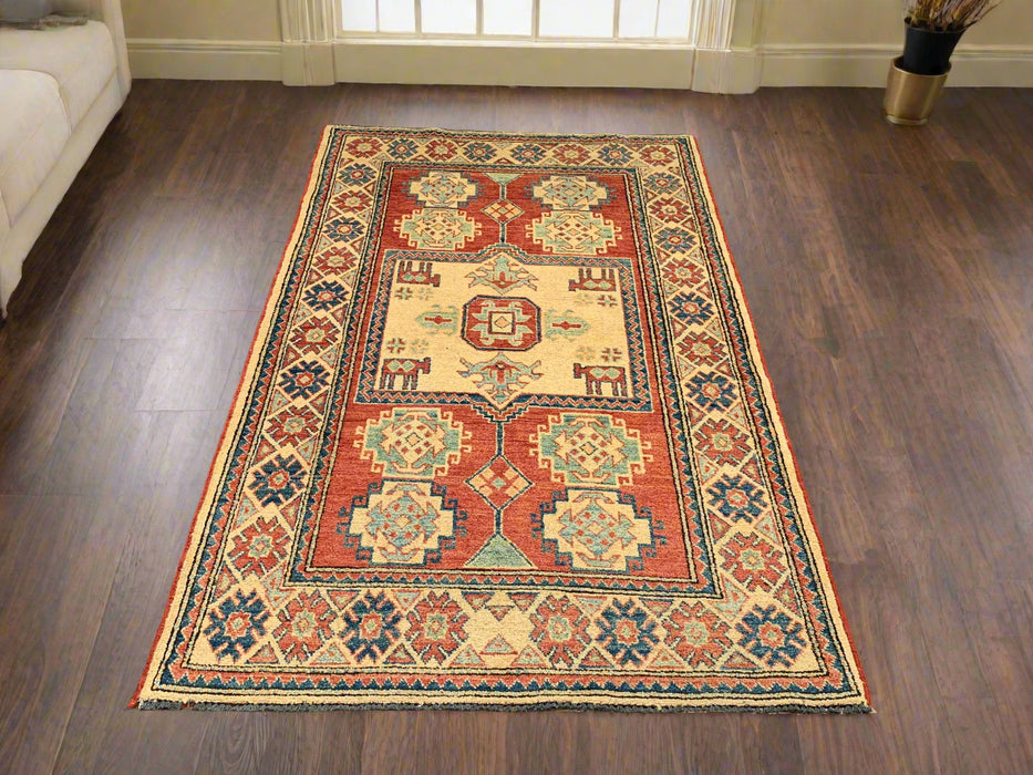 Hand-Knotted Vegetable Dye Kazak Rug from Pakistan, size 3' 8" x 5' 8"