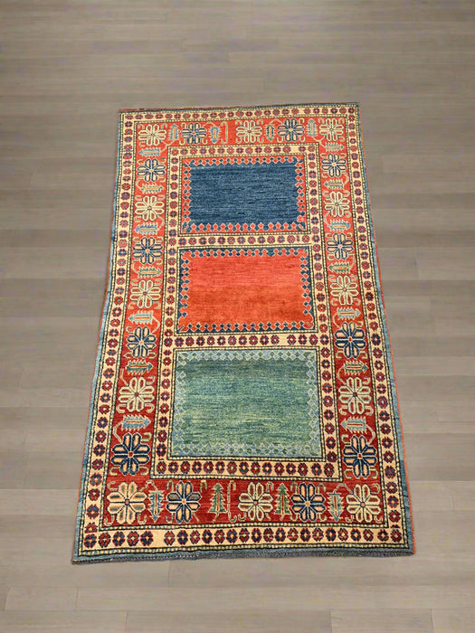 Hand-Knotted Vegetable Dye Kazak Rug from Pakistan, size 3' 6" x 6"
