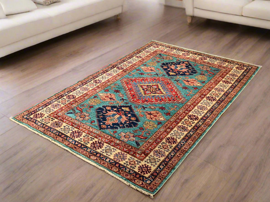 Hand-Knotted Vegetable Dye Kazak Rug from Pakistan, size 4" x 6"