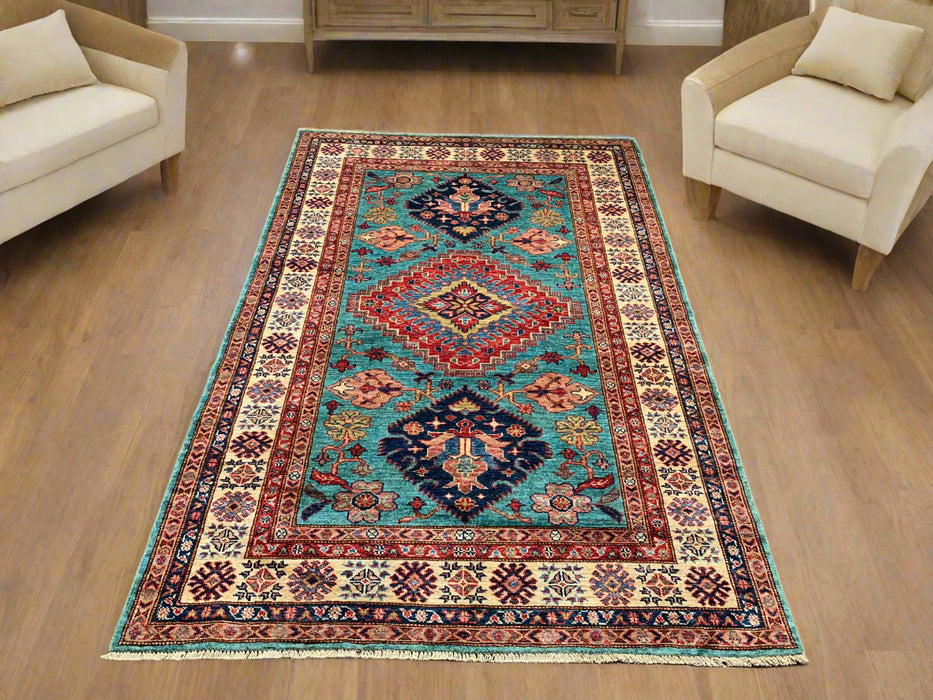 Hand-Knotted Vegetable Dye Kazak Rug from Pakistan, size 4" x 6"