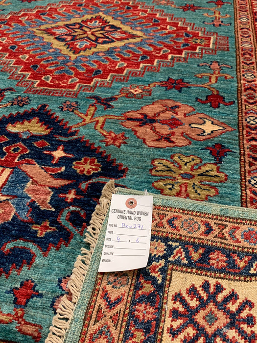 Hand-Knotted Vegetable Dye Kazak Rug from Pakistan, size 4" x 6"