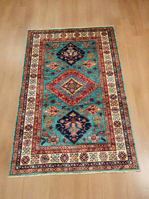 Hand-Knotted Vegetable Dye Kazak Rug from Pakistan, size 4" x 6"