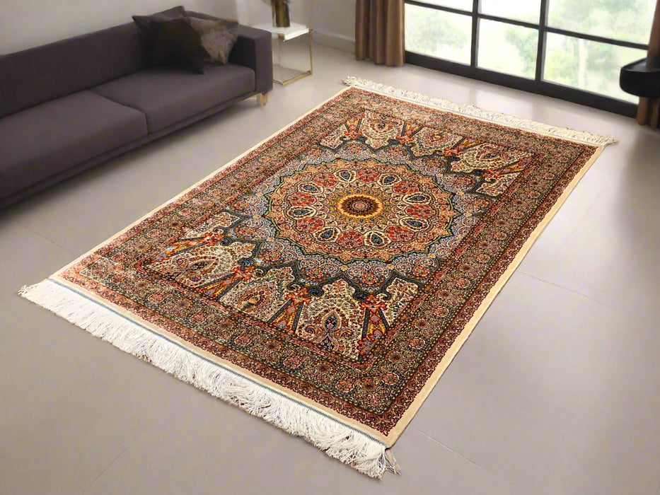 Exquisite 100% Silk Persian Design Rug – Elegant and Luxurious, size 4" x 6" (H)