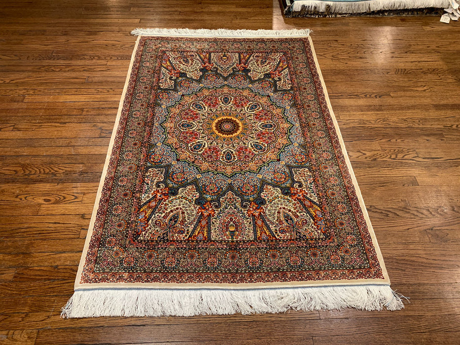 Exquisite 100% Silk Persian Design Rug – Elegant and Luxurious, size 4" x 6" (H)