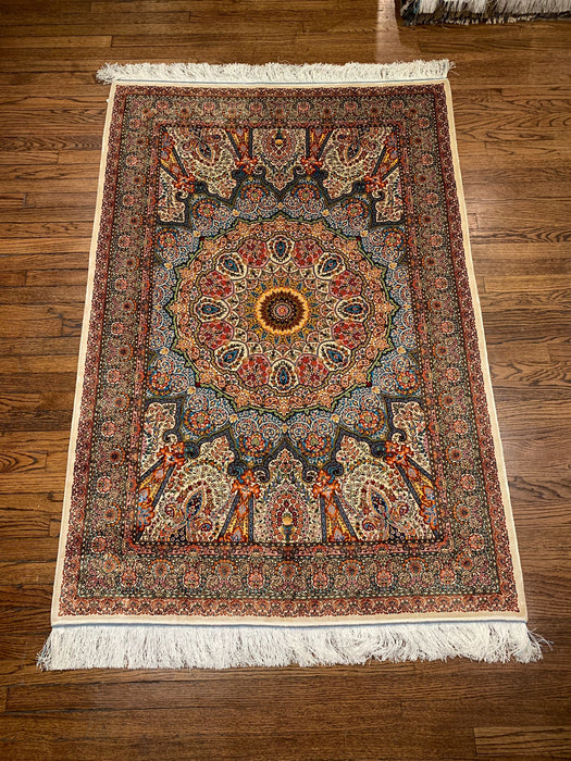 Exquisite 100% Silk Persian Design Rug – Elegant and Luxurious, size 4" x 6" (H)