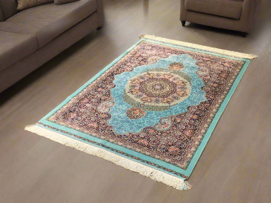 Exquisite 100% Silk Persian Design Rug – Elegant and Luxurious, size 3" x 5" (H)