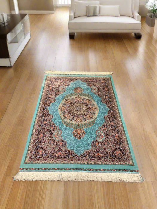 Exquisite 100% Silk Persian Design Rug – Elegant and Luxurious, size 3" x 5" (H)