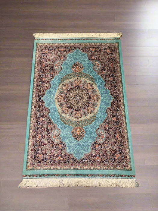 Exquisite 100% Silk Persian Design Rug – Elegant and Luxurious, size 3" x 5" (H)