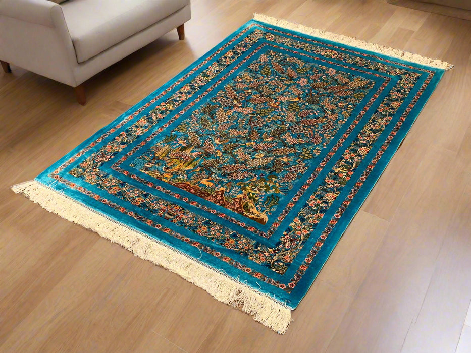 Exquisite 100% Silk Persian Design Rug – Elegant and Luxurious, size 3" x 5" (H)