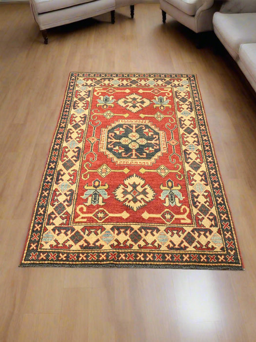 Hand-Knotted Vegetable Dye Kazak Rug from Pakistan, size 3' 4" x 5' 3"
