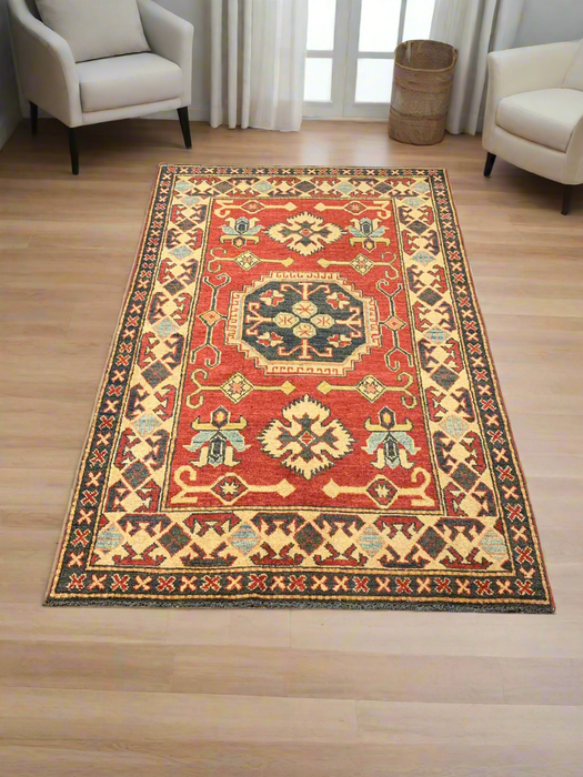 Hand-Knotted Vegetable Dye Kazak Rug from Pakistan, size 3' 4" x 5' 3"