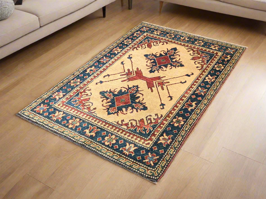 Hand-Knotted Vegetable Dye Kazak Rug from Pakistan, size 3' 3" x 5' 4"