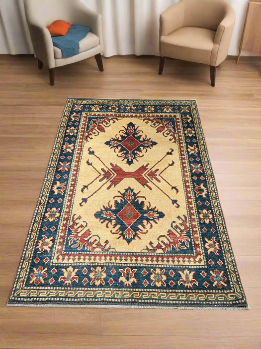 Hand-Knotted Vegetable Dye Kazak Rug from Pakistan, size 3' 3" x 5' 4"
