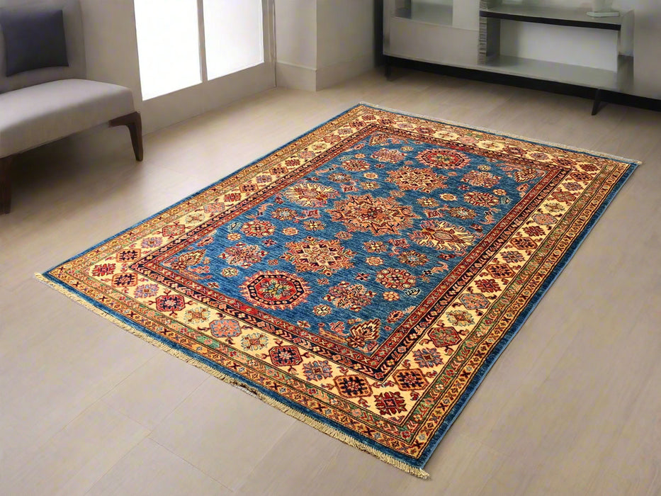 Hand-Knotted Vegetable Dye Kazak Rug from Pakistan Size 5' 10" x 7' 11"