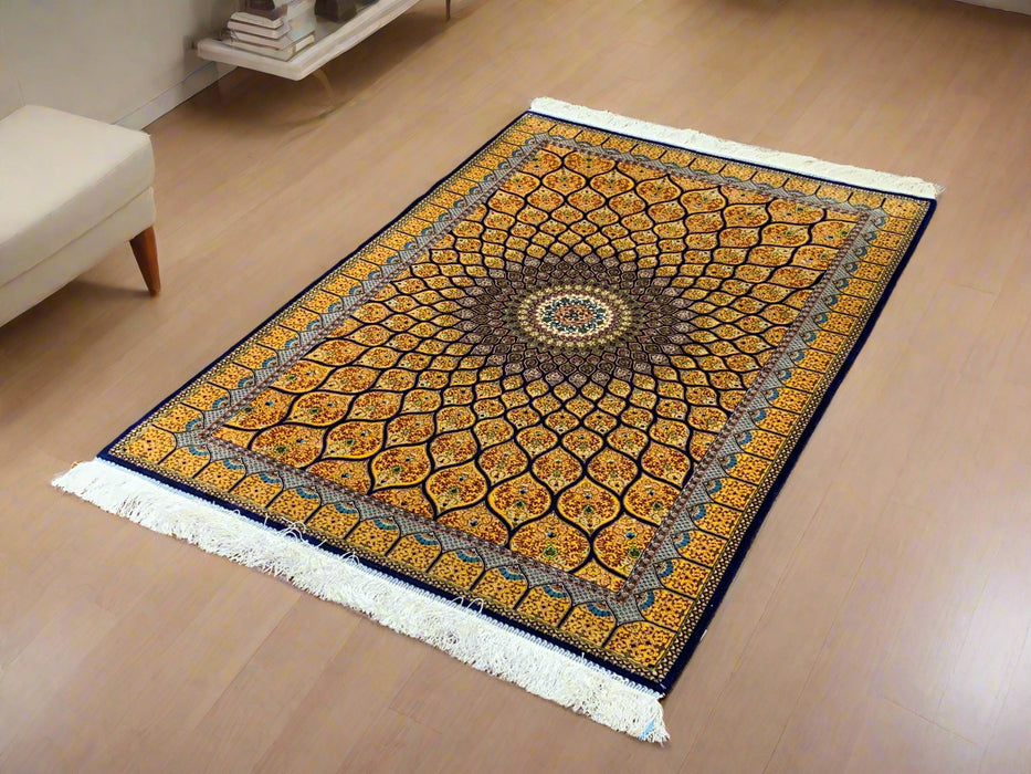 Exquisite 100% Silk Persian Design Rug – Elegant and Luxurious, size 3" x 5" (H)