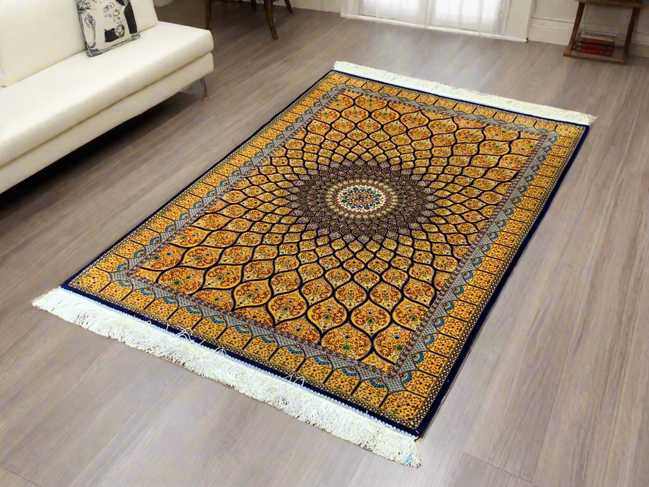 Exquisite 100% Silk Persian Design Rug – Elegant and Luxurious, size 3" x 5" (H)