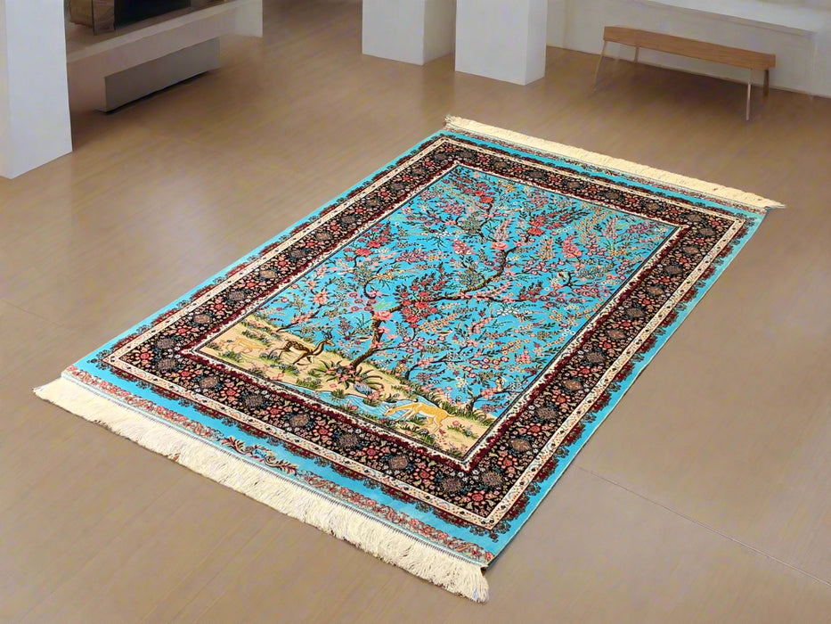 Exquisite 100% Silk Persian Design Rug – Elegant and Luxurious, size 3" x 5" (H)