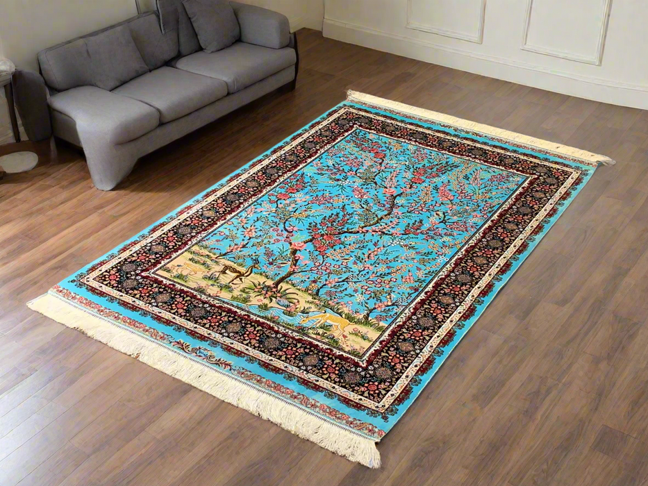 Exquisite 100% Silk Persian Design Rug – Elegant and Luxurious, size 3" x 5" (H)