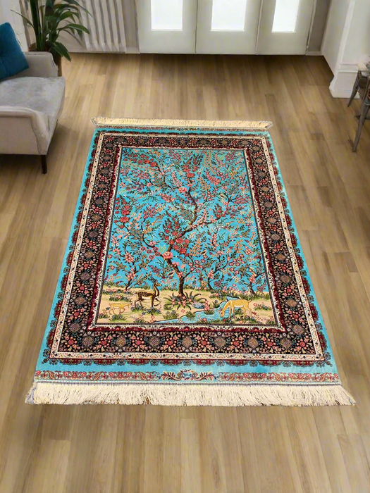 Exquisite 100% Silk Persian Design Rug – Elegant and Luxurious, size 3" x 5" (H)