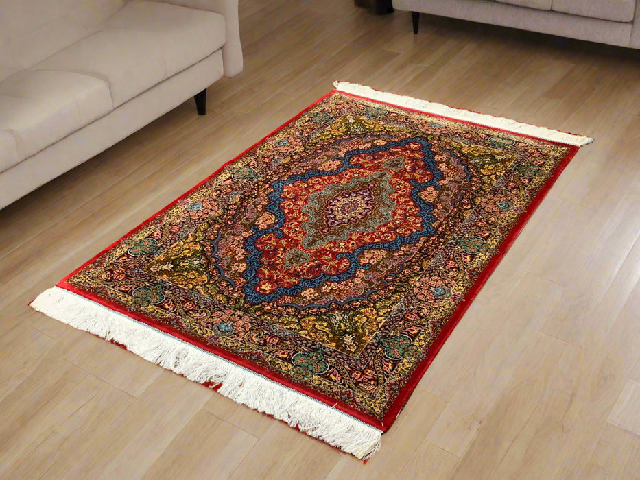 Exquisite 100% Silk Persian Design Rug – Elegant and Luxurious, size 3" x 5" (H)