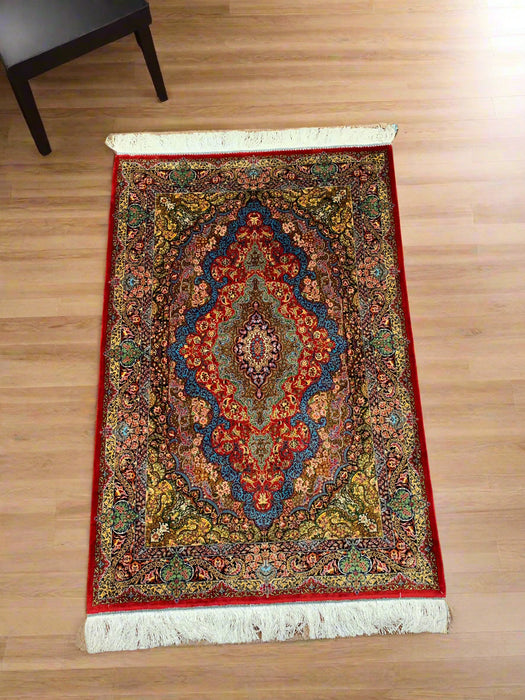 Exquisite 100% Silk Persian Design Rug – Elegant and Luxurious, size 3" x 5" (H)