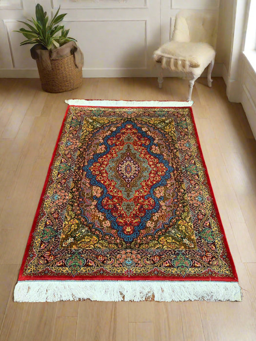 Exquisite 100% Silk Persian Design Rug – Elegant and Luxurious, size 3" x 5" (H)