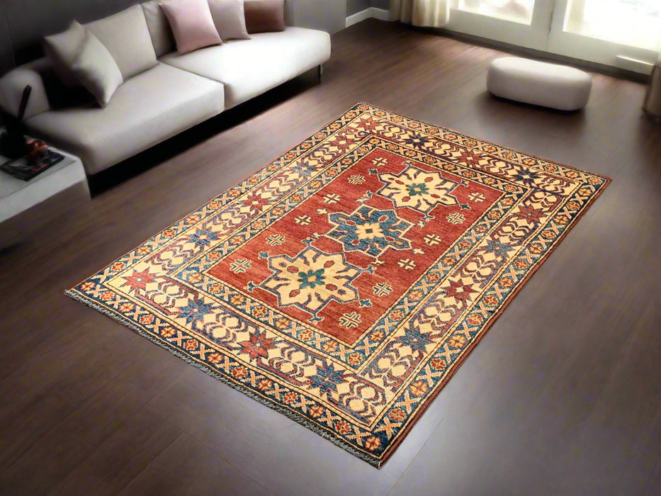 Hand-Knotted Vegetable Dye Kazak Rug from Pakistan, size 3' 1" x 4' 6"