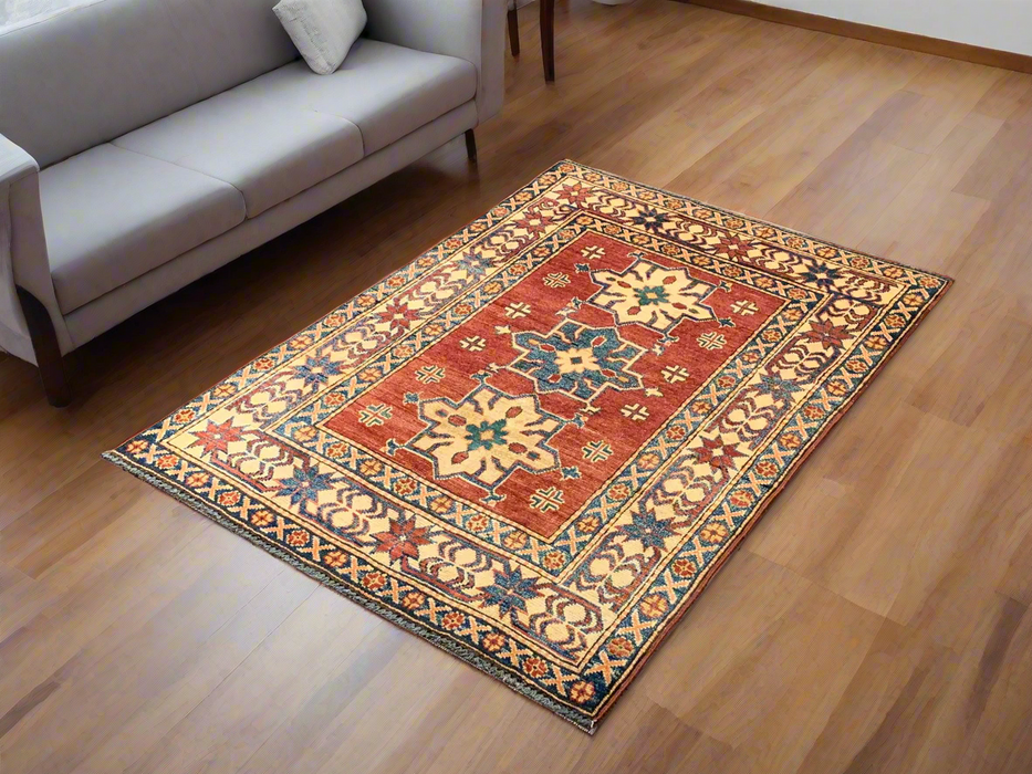 Hand-Knotted Vegetable Dye Kazak Rug from Pakistan, size 3' 1" x 4' 6"