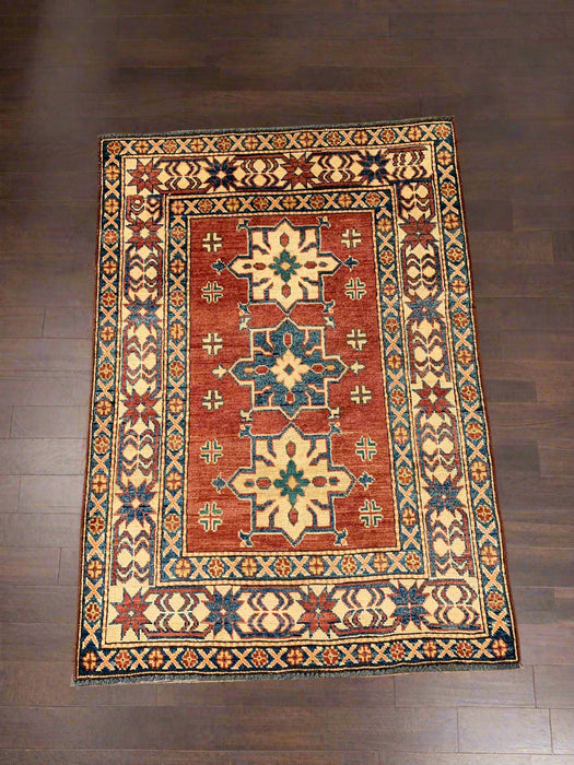 Hand-Knotted Vegetable Dye Kazak Rug from Pakistan, size 3' 1" x 4' 6"