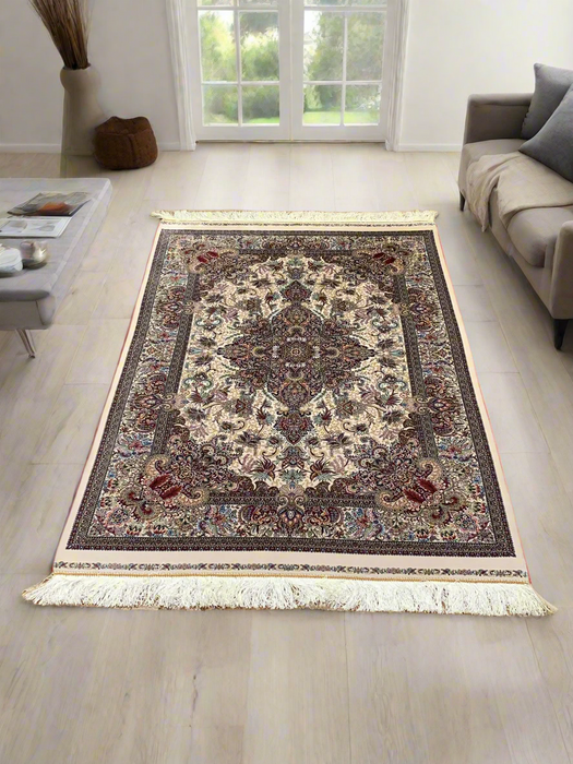 Exquisite 100% Silk Persian Design Rug – Elegant and Luxurious, size 3" x 5" (H)