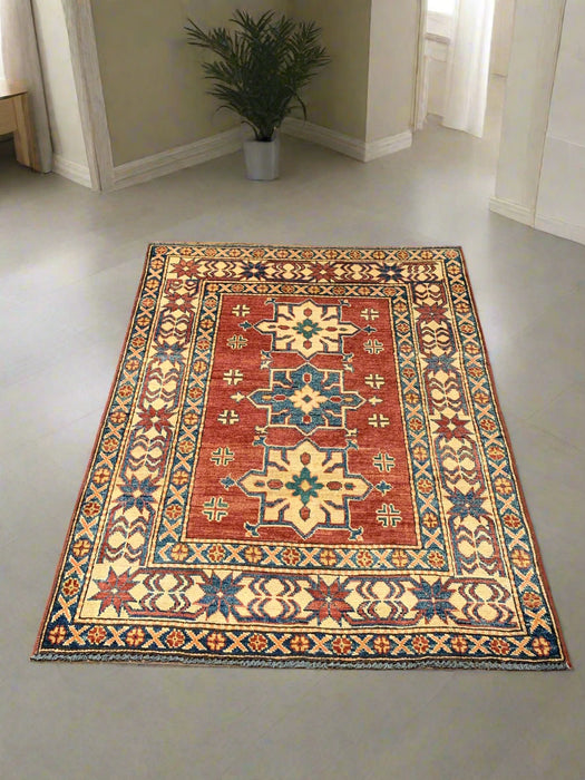 Hand-Knotted Vegetable Dye Kazak Rug from Pakistan, size 3' 1" x 4' 6"