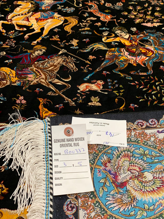 Exquisite 100% Silk Persian Design Rug – Elegant and Luxurious, size 3" x 5" (H)