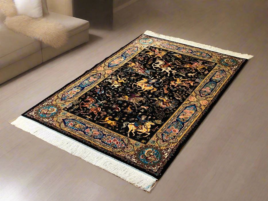 Exquisite 100% Silk Persian Design Rug – Elegant and Luxurious, size 3" x 5" (H)