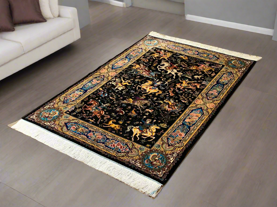 Exquisite 100% Silk Persian Design Rug – Elegant and Luxurious, size 3" x 5" (H)