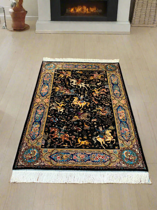Exquisite 100% Silk Persian Design Rug – Elegant and Luxurious, size 3" x 5" (H)