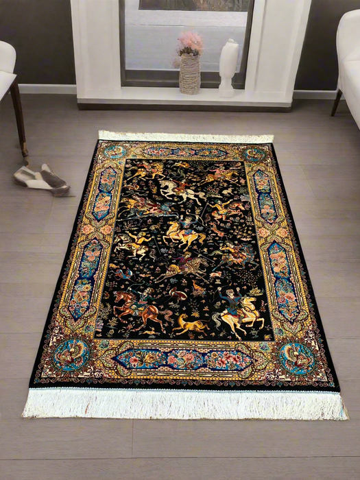 Exquisite 100% Silk Persian Design Rug – Elegant and Luxurious, size 3" x 5" (H)