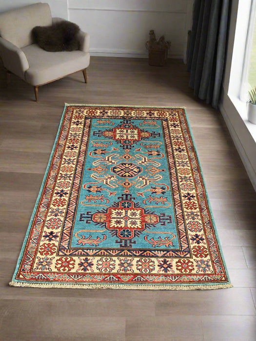 Hand-Knotted Vegetable Dye Kazak Rug from Pakistan, size 3' 4" x 5"