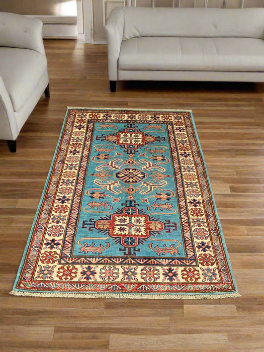 Hand-Knotted Vegetable Dye Kazak Rug from Pakistan, size 3' 4" x 5"