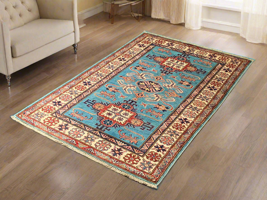 Hand-Knotted Vegetable Dye Kazak Rug from Pakistan, size 3' 4" x 5"