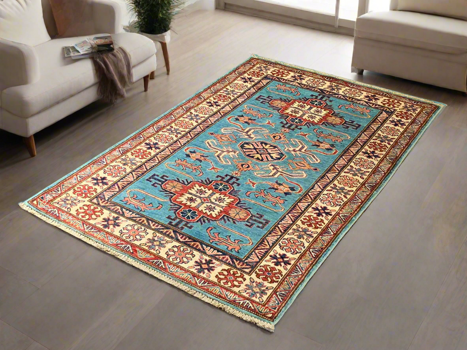Hand-Knotted Vegetable Dye Kazak Rug from Pakistan, size 3' 4" x 5"
