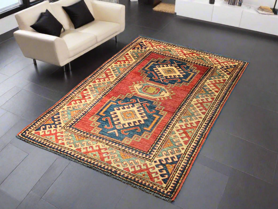 Hand-Knotted Vegetable Dye Kazak Rug from Pakistan, size 3' 4" x 5"