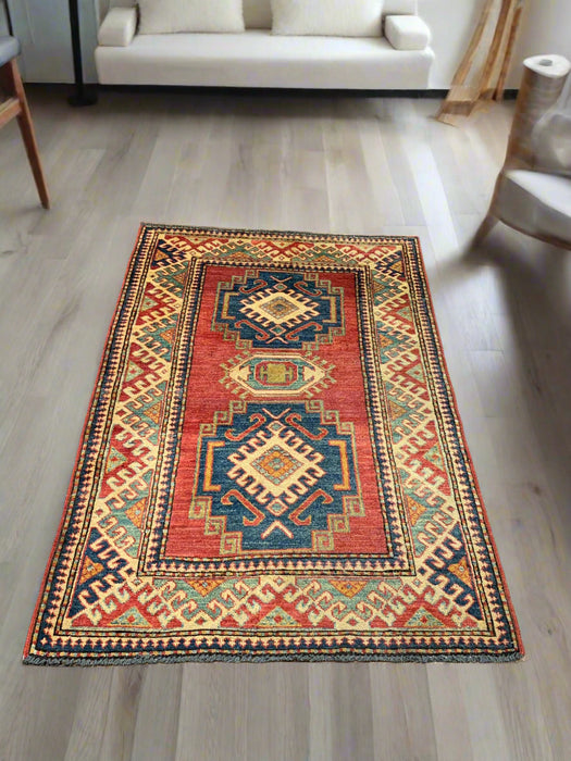 Hand-Knotted Vegetable Dye Kazak Rug from Pakistan, size 3' 4" x 5"