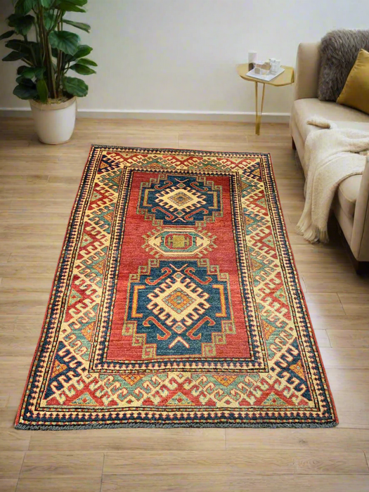 Hand-Knotted Vegetable Dye Kazak Rug from Pakistan, size 3' 4" x 5"