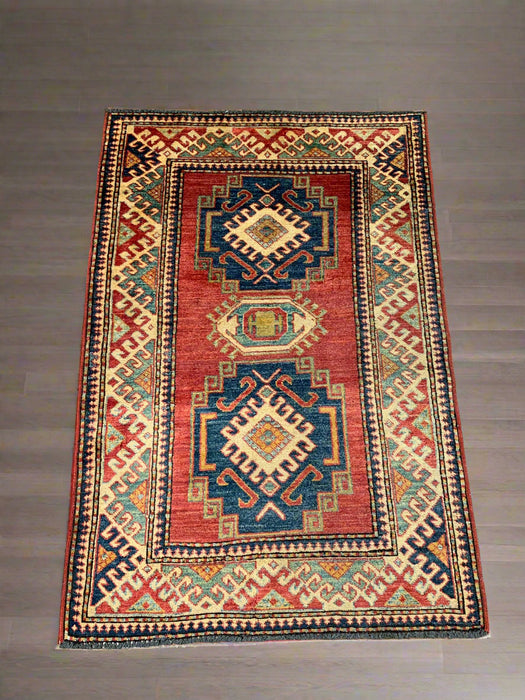 Hand-Knotted Vegetable Dye Kazak Rug from Pakistan, size 3' 4" x 5"