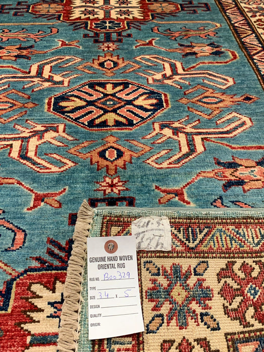 Hand-Knotted Vegetable Dye Kazak Rug from Pakistan, size 3' 4" x 5"