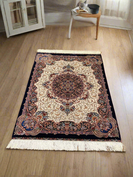 Exquisite 100% Silk Persian Design Rug – Elegant and Luxurious, size 3" x 5" (H)