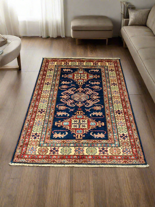 Hand-Knotted Vegetable Dye Kazak Rug from Pakistan, size 3' 4" x 5"